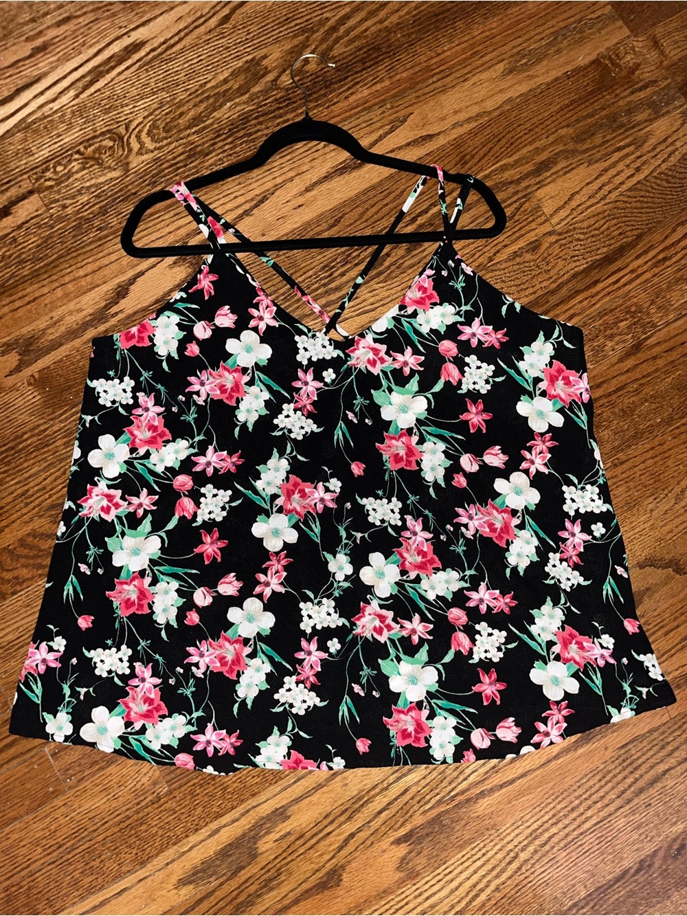 Floral Strappy V-Neck Cami Tank Top - Black with Pink & White Flowers